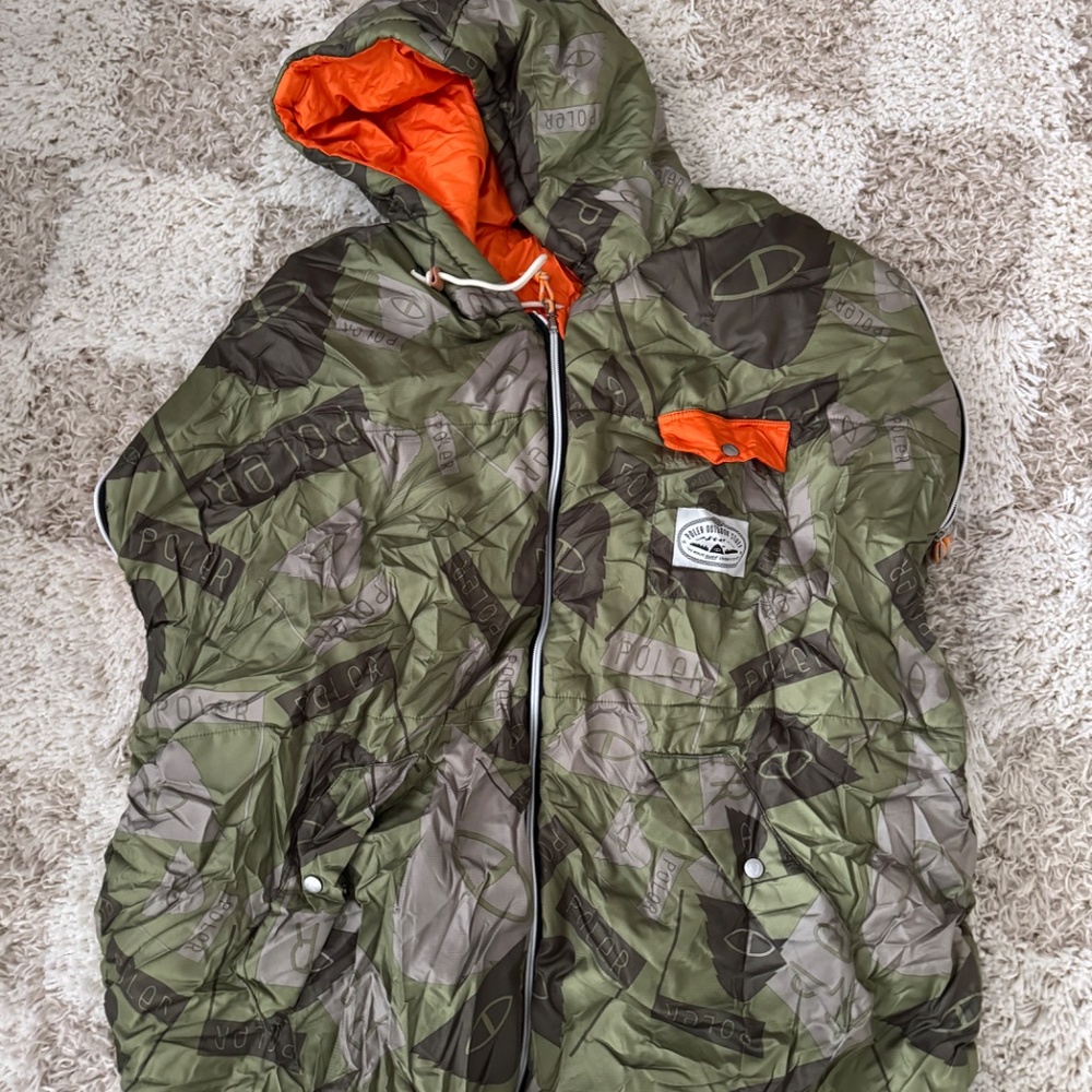 Poler Napsack Sleeping Bag Suit size Large, orange/ camo